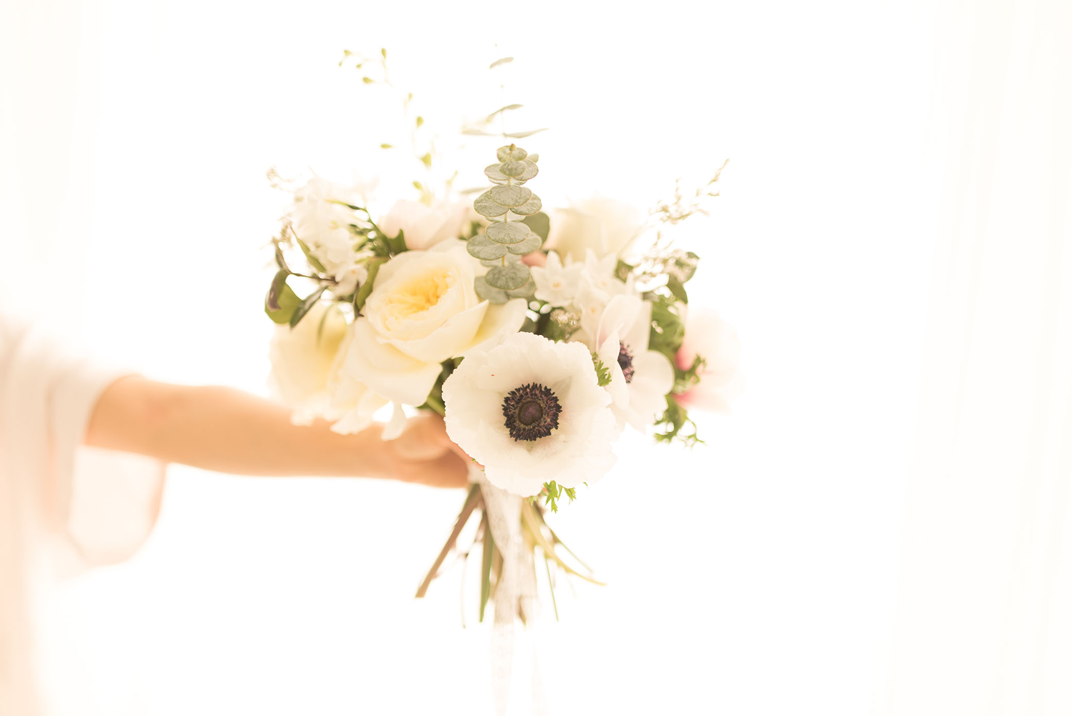 An arm is outstretched holding a bouquet of flowers. 