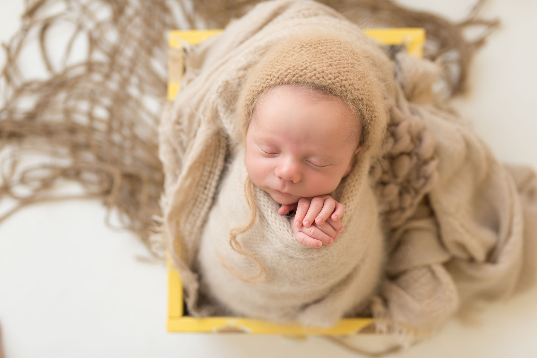 Newborn laying in yellow crate captured by Sweet Beginnings Photography by Stephanie