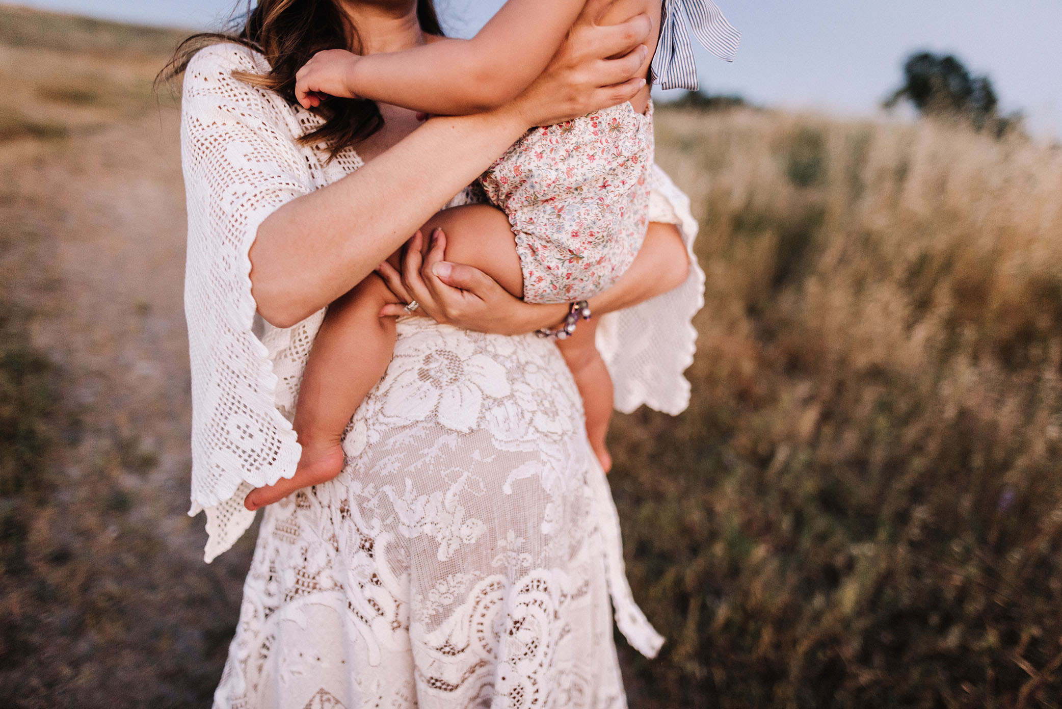 Mom smuggles daughter at blue hour in custom white dress captured by Sweet Beginnings Photography by Stephanie